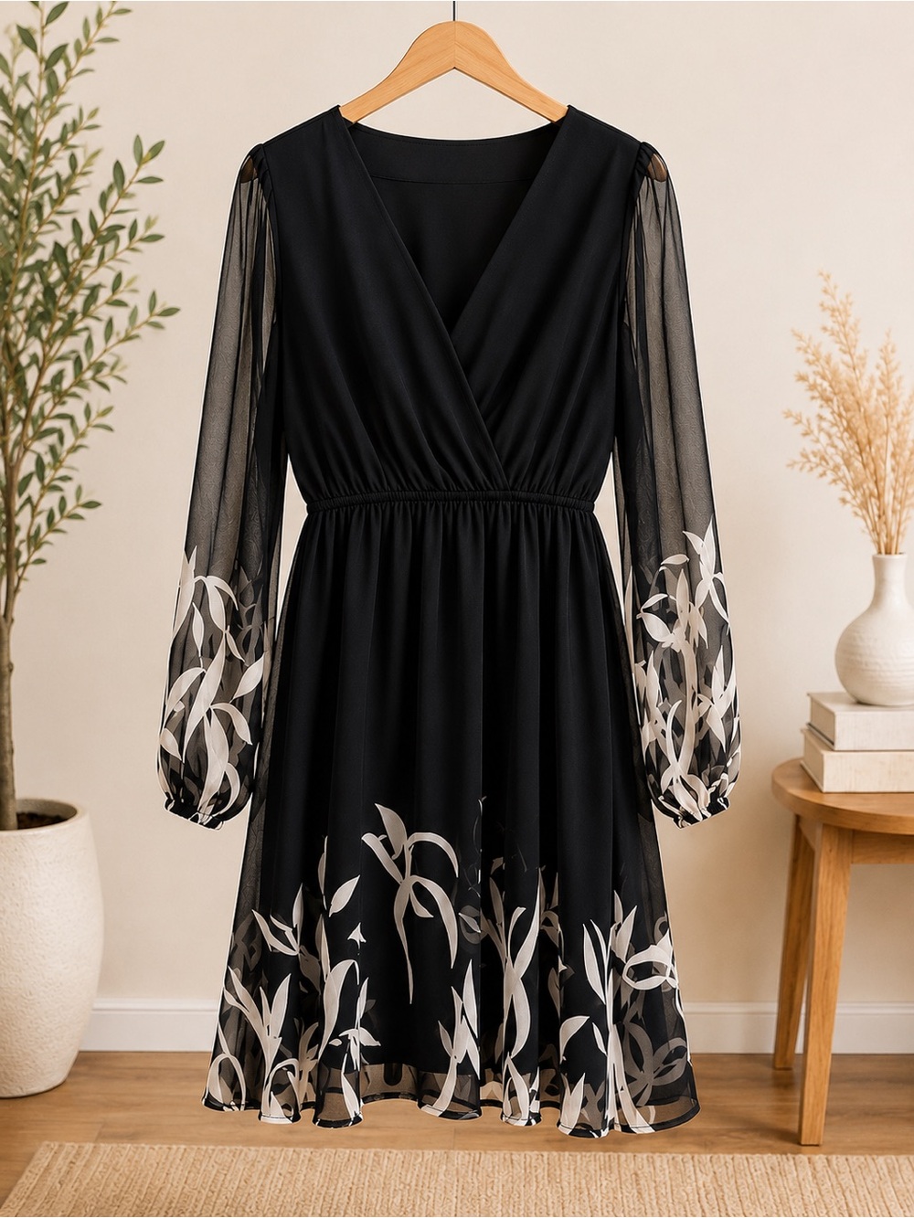 Cupshe Black Long-Sleeve Faux-Wrap Dress with White Leaf Print